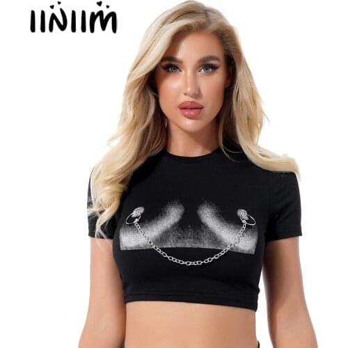 Women Stylish Streetwear Printing Cropped T-Shirt Round Neck Short Sleeve Metal Chain O Ring Costumes Summer Sexy Crop Top Tee