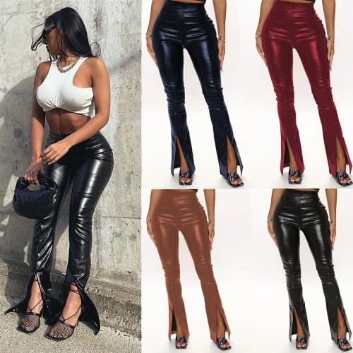 S-3XL Faux PU Leather Women Pencil Pants Mid Split Skinny Bodycon High Waist Tight Trouser Fashion Fall 2021 Clothing