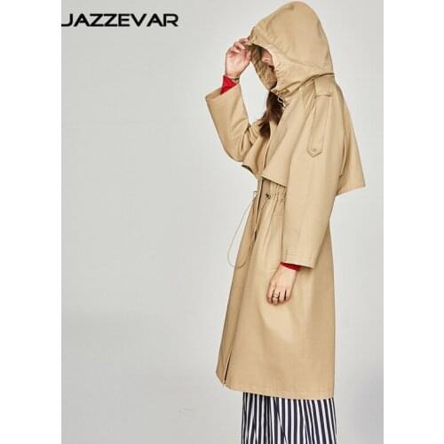 Trench coat long spring waterfall runway dust coats women 2019 plus size double breasted female ladies windbreaker beige hooded