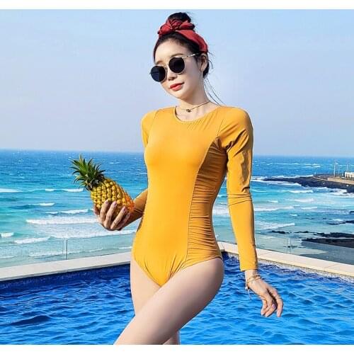 Women Yellow Swimwear Short Sleeve One Piece Swimsuit Cut Out Monokini Push Up Swim Suit Korea Style Bathing Suit