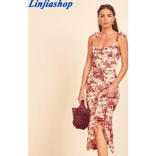 For Women 2021 Elegant Vintage Floral Dress Frill Sweetheart Neck Sleeveless Strap Tie Ruffle Hem Summer Beach Dress