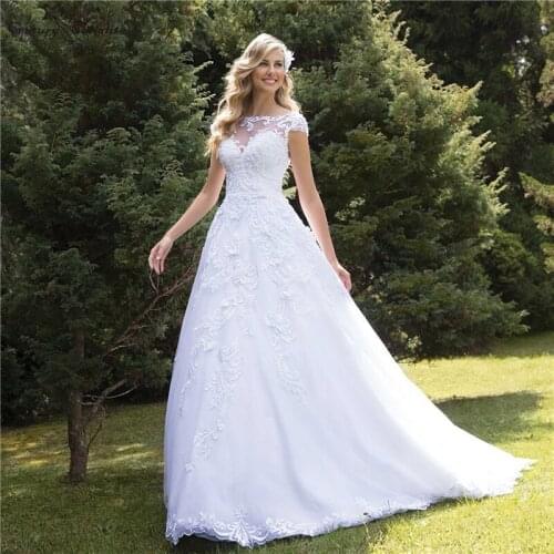 White Princess Wedding Dresses for Women Bride 2021 Lace Appliques Cap Sleeve A-Line Vintage Bride Gowns Vestido De Noiva