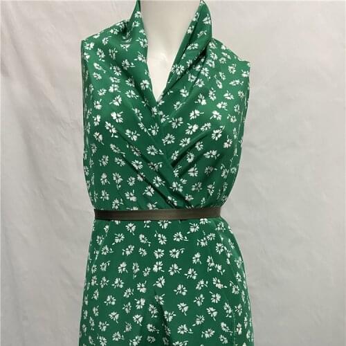 100% pure silk crepe de chine fabric soft mini white floral print on green bottom,SCDC1241