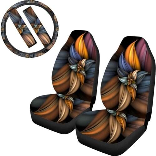 INSTANTARTS 3D Art Flower Print 5 pcs Custom Car Seat Cushion Cover Fashion Design Car Seat Belt Covers Car Steering Wheel Cover