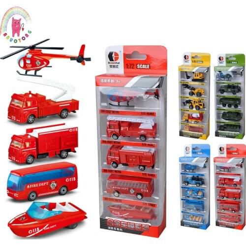Childrens 1:48 Alloy ABS Inertial Return Model Simulation Vehicle Police Engineering Fire Five in One Die Cast Birthday Toy Set