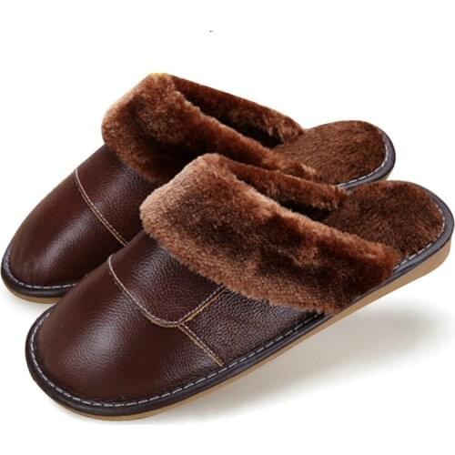 Dropshipping 2018 New Genuine Leather Home Slippers High Quality Women Men Slippers Plush Warm Indoor Shoes Men Women Size