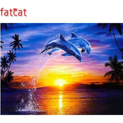 FATCAT DIY 5D Diamond Painting Mosaic Sunset And Dolphins Scenic Diamond Cross stitch Set Diamond Embroidery Handmade Art AE354