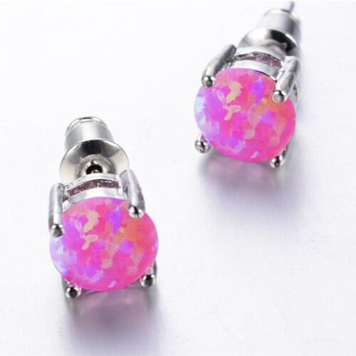 Purple Opal 6MM Round Stone Stud Earrings For Women Wedding Simple Fashion Rainbow Earrings Vintage Silver Color Small Earrings