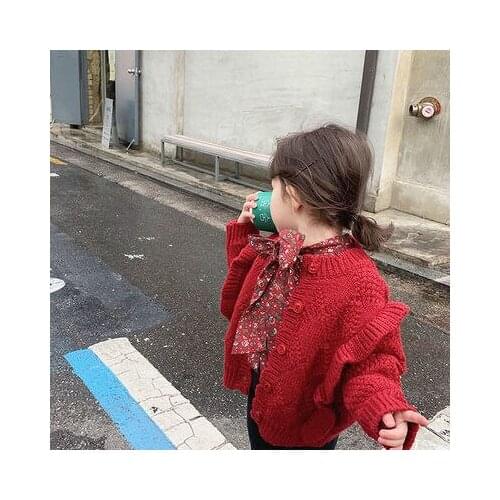 Girls Cardigan Sweater 2020 Autumn and Winter New Childrens Korean Style Wood Ear Sweater Baby Girl Cute Solid Knitting Coats