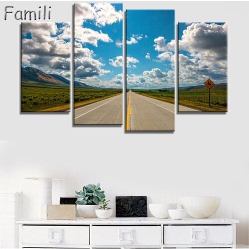 Pictures Home Decor Living Room Painting Wall Art 4 Panel Sunset Highway Landscape HD Printed Modern Canvas Modular Poster