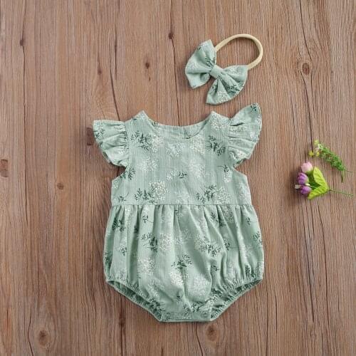 Pudcoco Newborn Baby Girl Clothes Fly Sleeve Flower Print Cotton Romper Jumpsuit Headband 2Pcs Outfits Casual Clothes Baby Set
