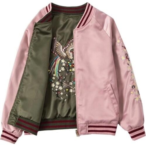 Satin Phoenix embroidery Jacket women Double-sided flowers Bomber Jackets Unisex Outwear