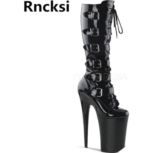 LAIJIANJINXIA PU Leather Knee 20CM High Heels Botts Women Shoes Lace Up Dance Boots Motorcycle Shoes Sexy Dance Shoes B-092