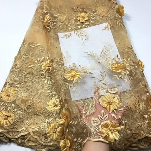 Hot Selling Products Gold French Tulle Mesh Lace Fabrics With Stones 3D Flowers Beaded Embroidered Lace Fabrics M31581