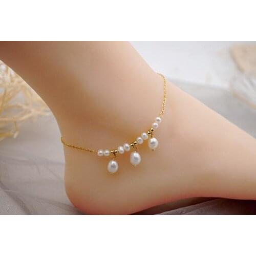 Favorite Pearl Jewelry Gold Plated Chain Gold Beads White Freshwater Pearls Anklet Bracelet Handmade Fine Girl Women Gift
