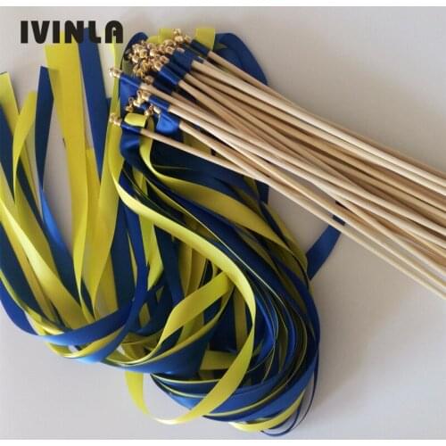 Newest 50pcs/lot Royal and Yellow Wedding Ribbon Wands With gold Bells for wedding decoration