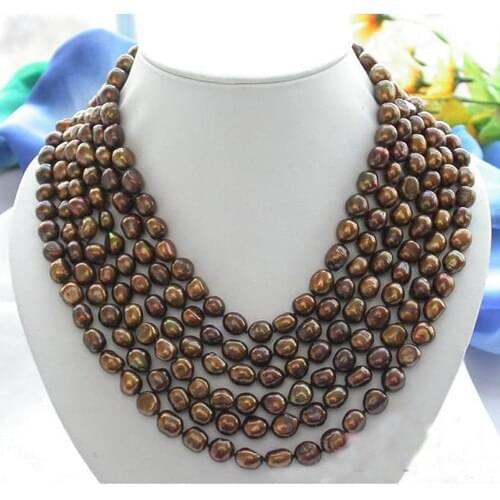 New Arriver Real Pearl Jewellery,6 Rows 9-11mm Coffee Baroque Freshwater Cultured Pearl Necklace,Free Shipping