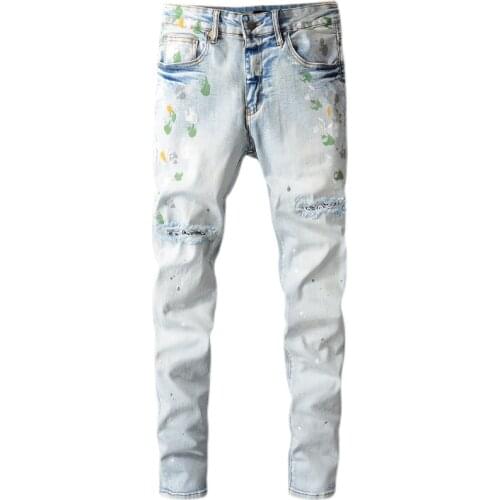 New Mens High Street New Light Color Knife Cut Hole Jeans Male Paint Graffiti Trousers Personality Stretch Slim Denim Pants 685