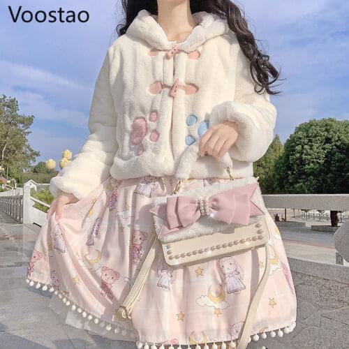 Autumn Winter Japanese Sweet Lolita Coats Girls Warm Soft Plush Cartoon Anime Cute Rabbit Ears Hooded Jackets Women Kawaii Tops
