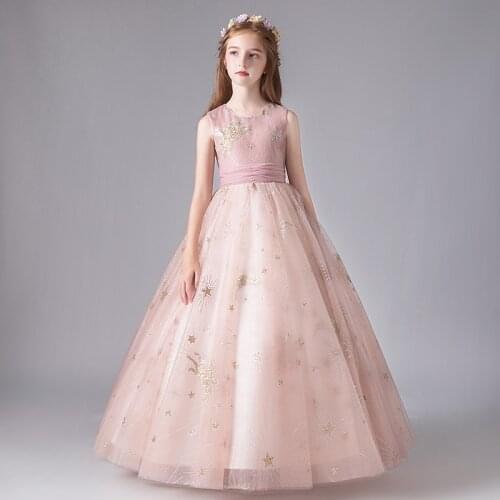 Flower Girl Dresses Princess Sleeveless Floor-Length Embroidery Pleat Sequined Ball Gown O-Neck Tulle Lace Kids Party Skirt H119