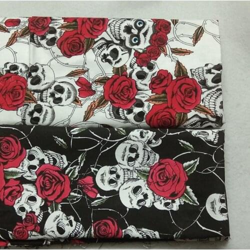 50x140ccm Thick & Tough White Black Flower Skull Printed Canvas Cotton Fabric Bag Fabric Patchwork DIY Sewing tablecloth curtain