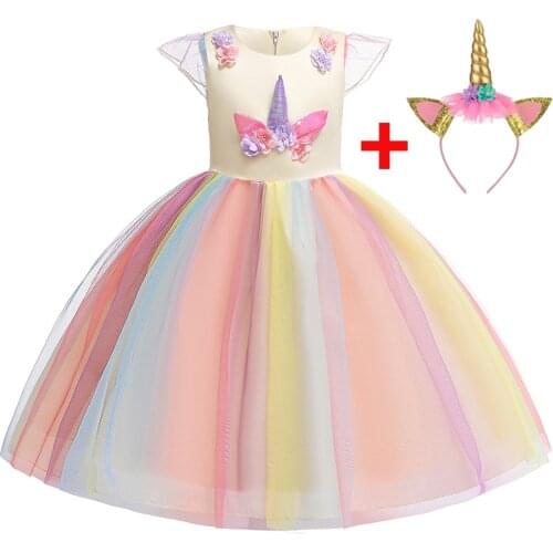 Rainbow Party Flower Unicorn Girl Dress Wedding Ball Gown Kids Mesh Cosplay Formal Dresses Birthday Princess 3-10 Years DJS003