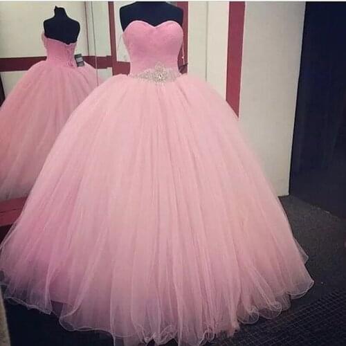 Pink Quinceanera Dresses Ball Gown 2020 New Designer Floor Length Tulle Beaded Sash Lace Up back Bridal Dresses Quinceanera gown