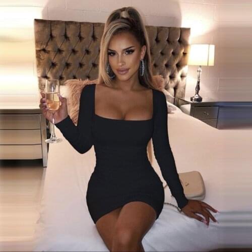 CHURSES Sexy Square Collar Folds Long Sleeve Bodycon Dress Solid Color Autumn Date Party Mini Dresses For Women 2021 New Arrival