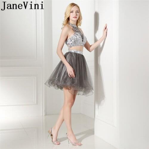 JaneVini Sexy 2 Pieces Graduation Dress Twinkly Crystal Beading Teen Gray Short Prom Homecoming Dresses Tulle Vestido Curto 2019