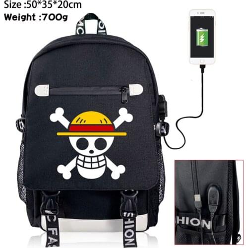 One Piece Brook Zip USB Charging Backpack School Bag Shoulder Bag Student Mochila Packsack Fashion Casual Laptop Bag Rucksack