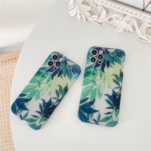 Stylish Blue Floral Phone Case For iPhone 11 12 Pro XS MAX XR X 8 7 Plus SE20 Soft TransParent Matte Green Leaf Back Cover Coque