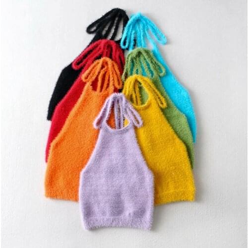 LUNDUNSHIJIA Summer Women Sexy Crop Tops Camisole Candy Colors Plush Knitted Halter Tank Top Fashion Fluorescent Color Tube Tops