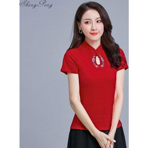 Traditional Chinese Clothing For Women Tang Chinese Style Tops Short Sleeve Summer Red Cheongsam Top Vetement 5XL 6XL Q703