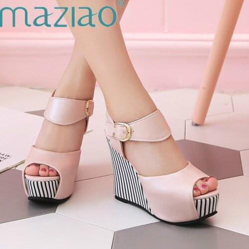 Ankle Strap Wedges Shoes Peep Toe Buckle Strap Soft Pu Leather Platform Casual Summer Shoes Woman Fashion Ladies Sandals MAZIAO