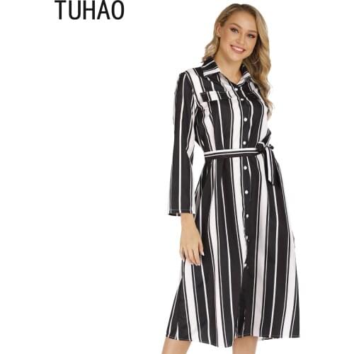 TUHAO Women Shirt Dress Striped Casaul Woman Dresses Clothing High Waist Mother Mom Office Lady OL Dress Large Size