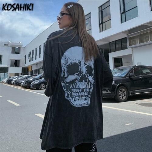 KOSAHIKI T-shirts Women Oversize Summer Ulzzang Skull Print High Street Vintage Harajuku Graphic Tee Y2k Grunge Aesthetic Tops