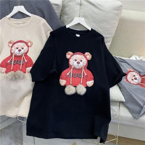 Womens Cotton T-shirt Cute Bear Tshirts 2021 Summer Short Sleeve Loose Casual Harajuku Tee Oversized Couple Fur Ball Tops Cloth