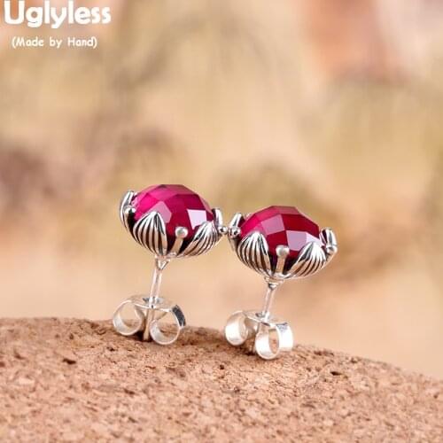 Uglyless MINI 10MM Thai Silver Lotus Stud Earrings for Women Corundum Gemstones Studs Real 925 Silver Brincos Fine Jewelry E1437
