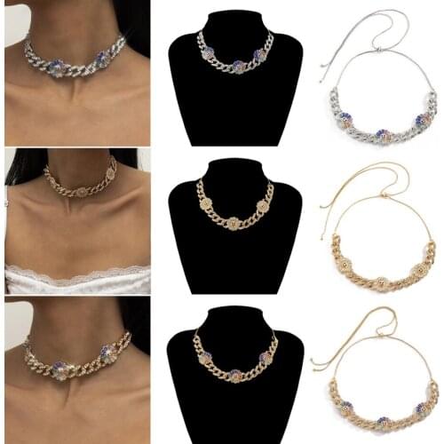 2021 New Crystal Rhinestone Sunflower Necklace Lady Women Metal Choker Chain Banquet Jewelry Punk Sun Flower Party Necklace