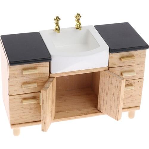 1/12 Dollhouse Miniature Wooden Wash Basin Cabinet Bathroom Miniature Furniture Toys for Doll house Bathroom Kitchen Decoration