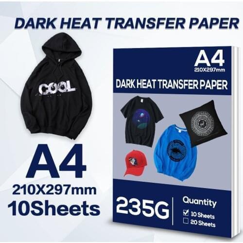 10 sheets A4 Heat Transfer paper for Dark color Cotton Fabrics Cloth bag T Shirt Printing Design for inkjet printer 210*297mm