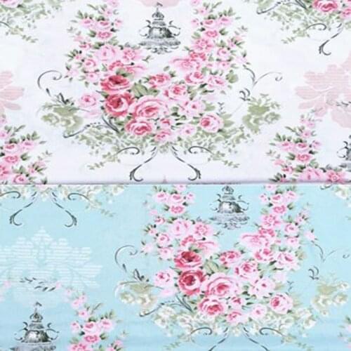 100x160cm Graceful White & Blue Big Pink Blooming Flowers Printed Cotton Fabric Floral Fabric For DIY Sewing Clothing Bedding