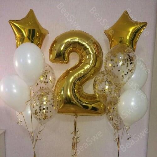 14pcs/lot Big Size 32inch Gold number 2 Foil Balloons with star transparent confetti latex baby boy birthday party Decor Globos