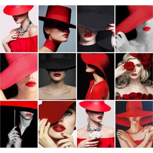 Diy 5D Diamond Painting Girl In Hat Cross Stitch Diamond Embroidery Red Lips Woman Picture Rhinestones Mosaic Handmade Gift