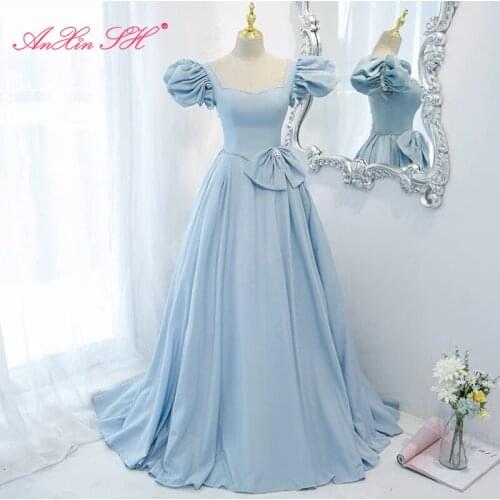 AnXin SH princess sky blue satin evening dress French Retro sweetheart puff sleeve beading crystal big bow bride evening dress