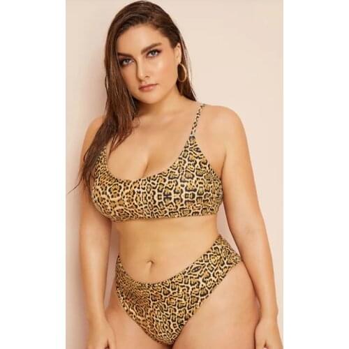Plus Size Leopard Print High Waist Bikini Retro Halter Push Up Swimsuit Larger Size Swimming Suit For Female Beachwear