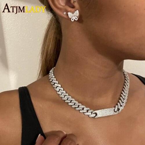 Hip Hop Miami Curb Cuban Chain Necklace Iced Out cz bar Paved cubic zirconia CZ Bling Rapper choker Necklaces women Men Jewelry