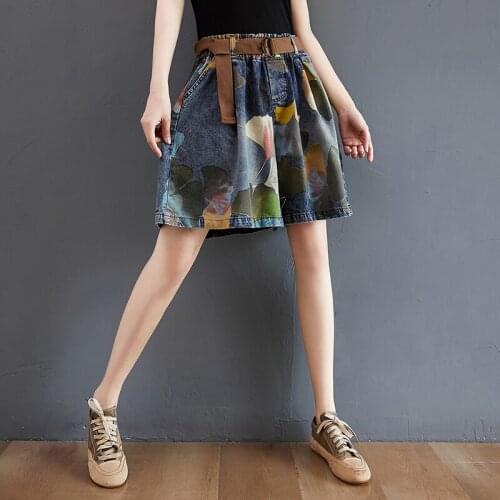 Summer New Plus Size Jeans Woman Vintage Fashion High Waist Denim Shorts Elastic Waist Loose Printed Wide-Leg Pants Femme G1248