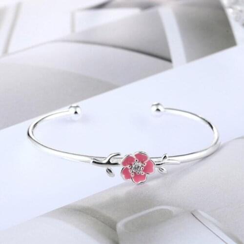Exquisite Temperament New Epoxy National Style 925 Sterling Silver Jewelry Bracelets Cherry Pink Flower Gift Bangles SB45