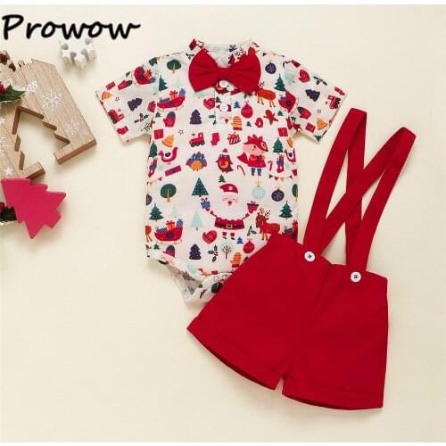 Prowow My First Christmas Baby Boy Clothes Set Gentleman Xmas Baby Romper+Overalls 2pcs Kids Baby Christmas Costume Outfits